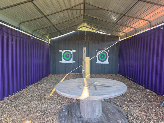 Outdoor axe throwing lanes under the carport at Radicals Rage Rooms, Quakertown PA